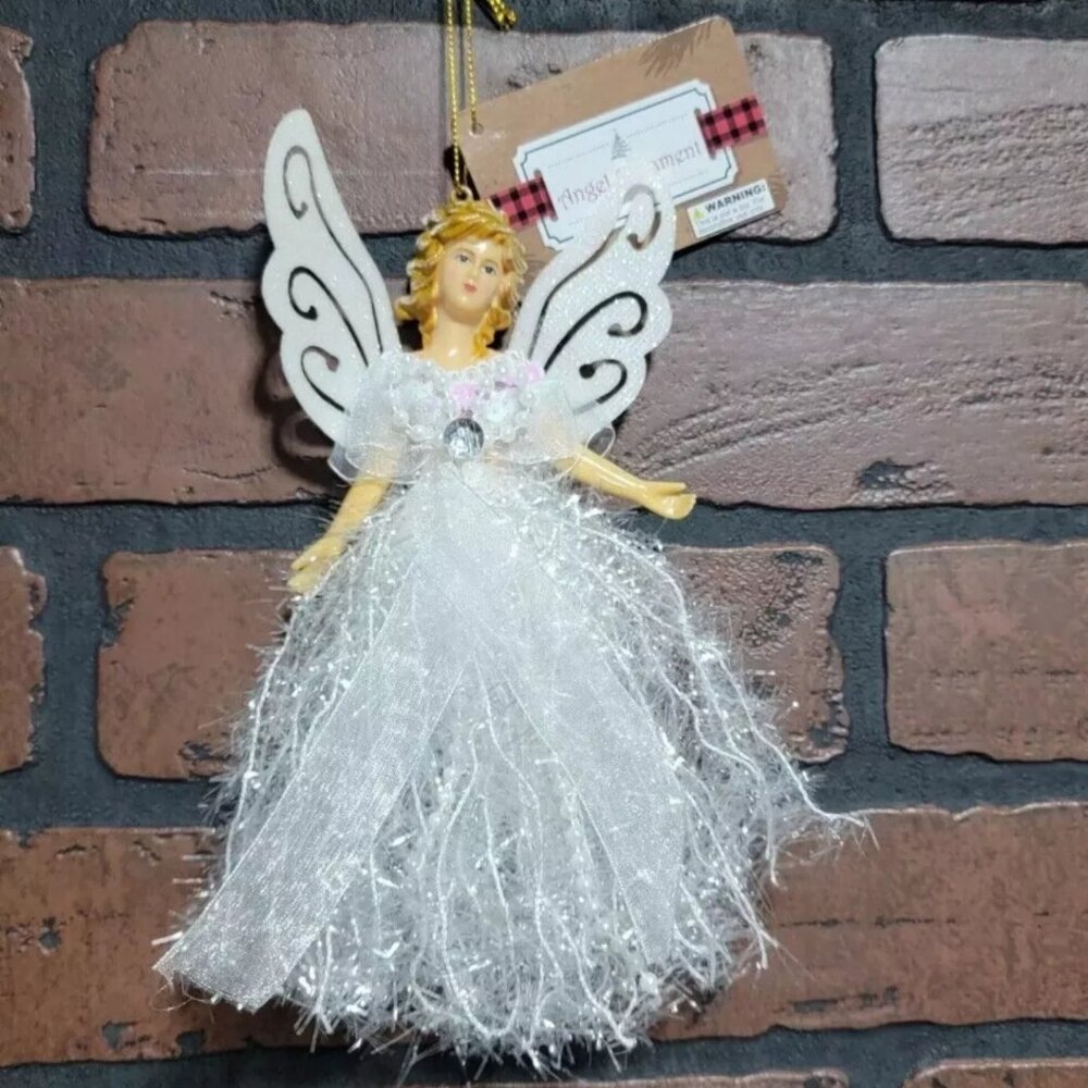 Angel Ornament ~ Holiday Decorations ~ White Tinsel, Beads, Jewel ~ 8 Inch